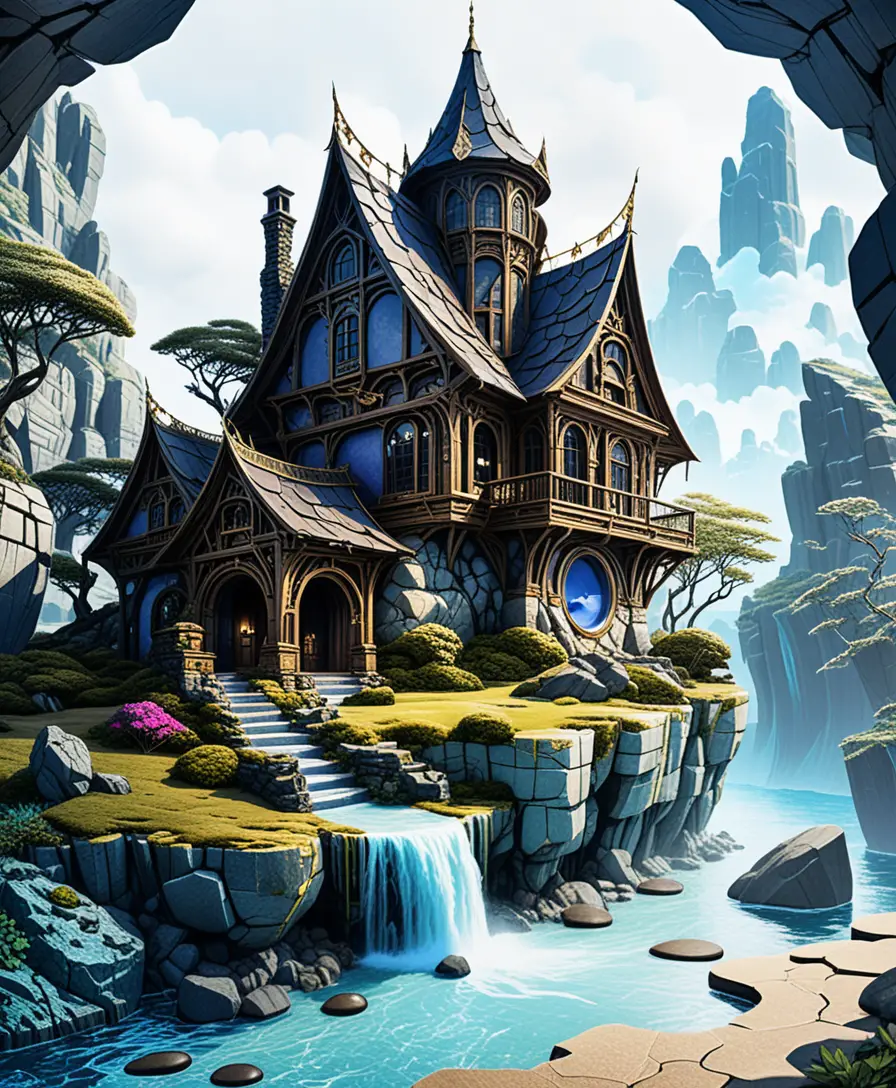 Mystical stone cave house with warm fantasy interior