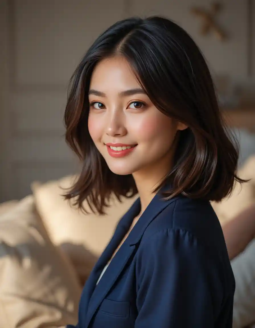 Smiling young woman in navy blazer portrait indoors