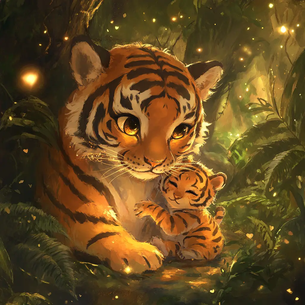 Kawaii tiger mother carrying her cub in fantasy jungle