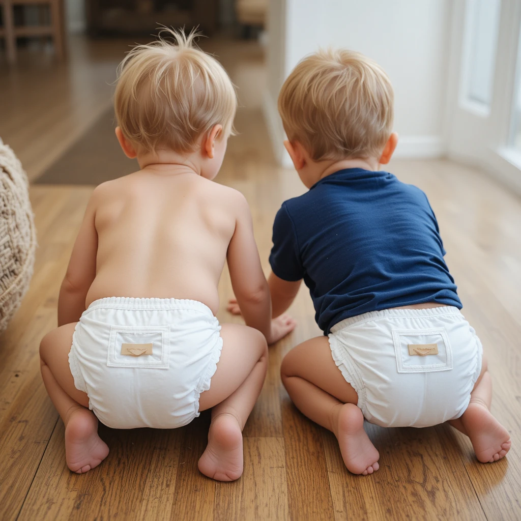 Menino e menina bebês engatinhando juntos no chão