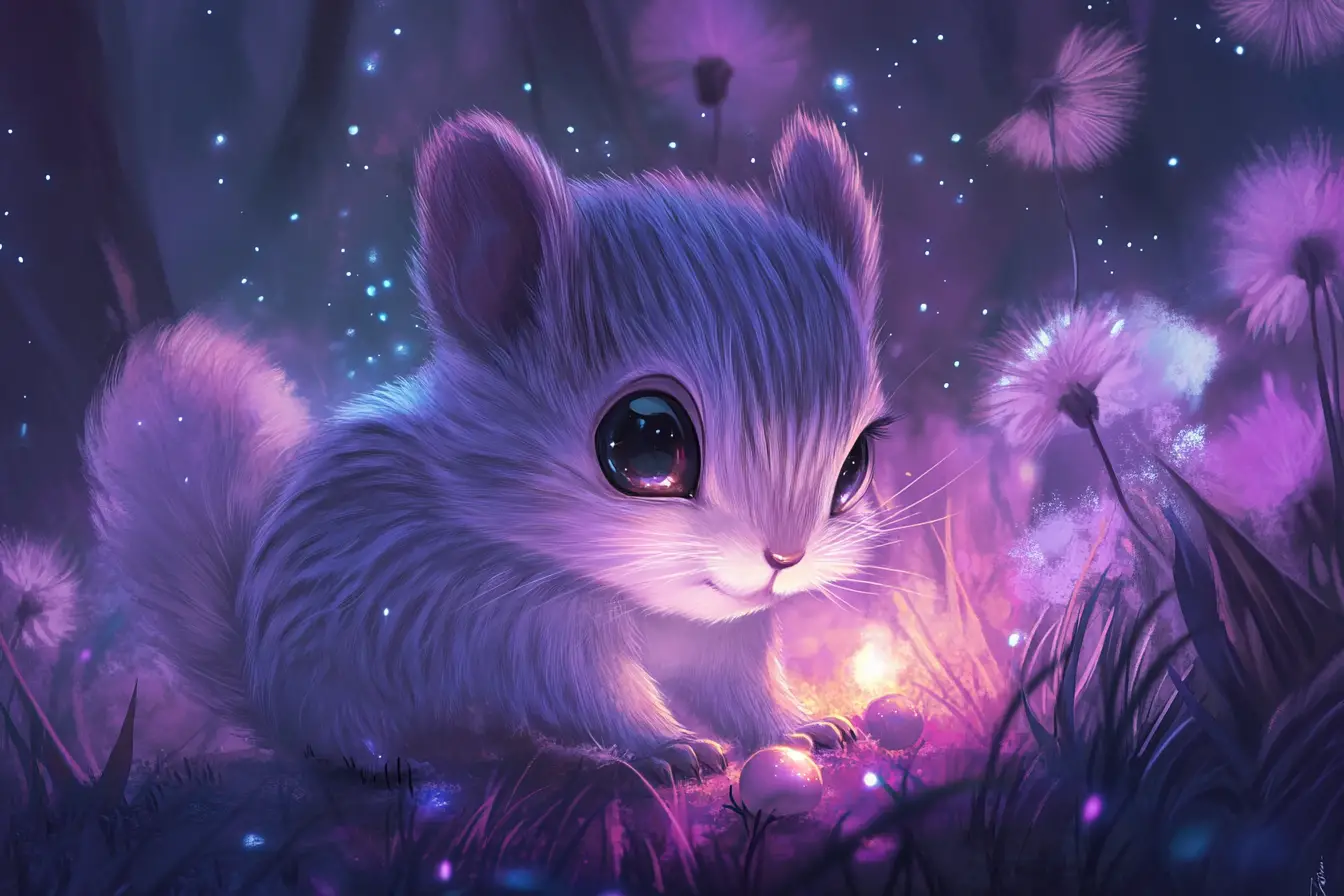 Dreamy baby squirrel in a glowing fantasy meadow