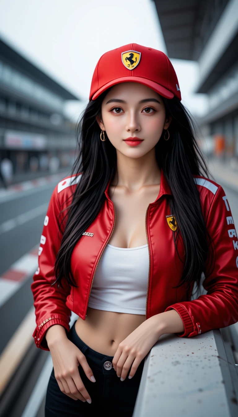 F1サーキットで赤いレーシングキャップをかぶった自信あふれる少女