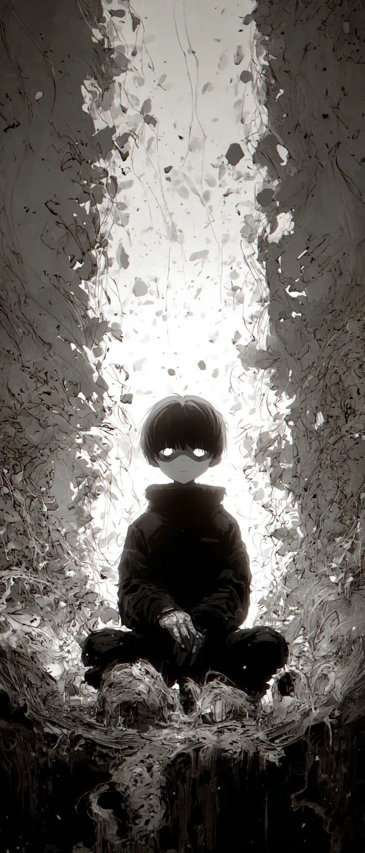 Serene void eyed figure amid chaotic shadowed dreams