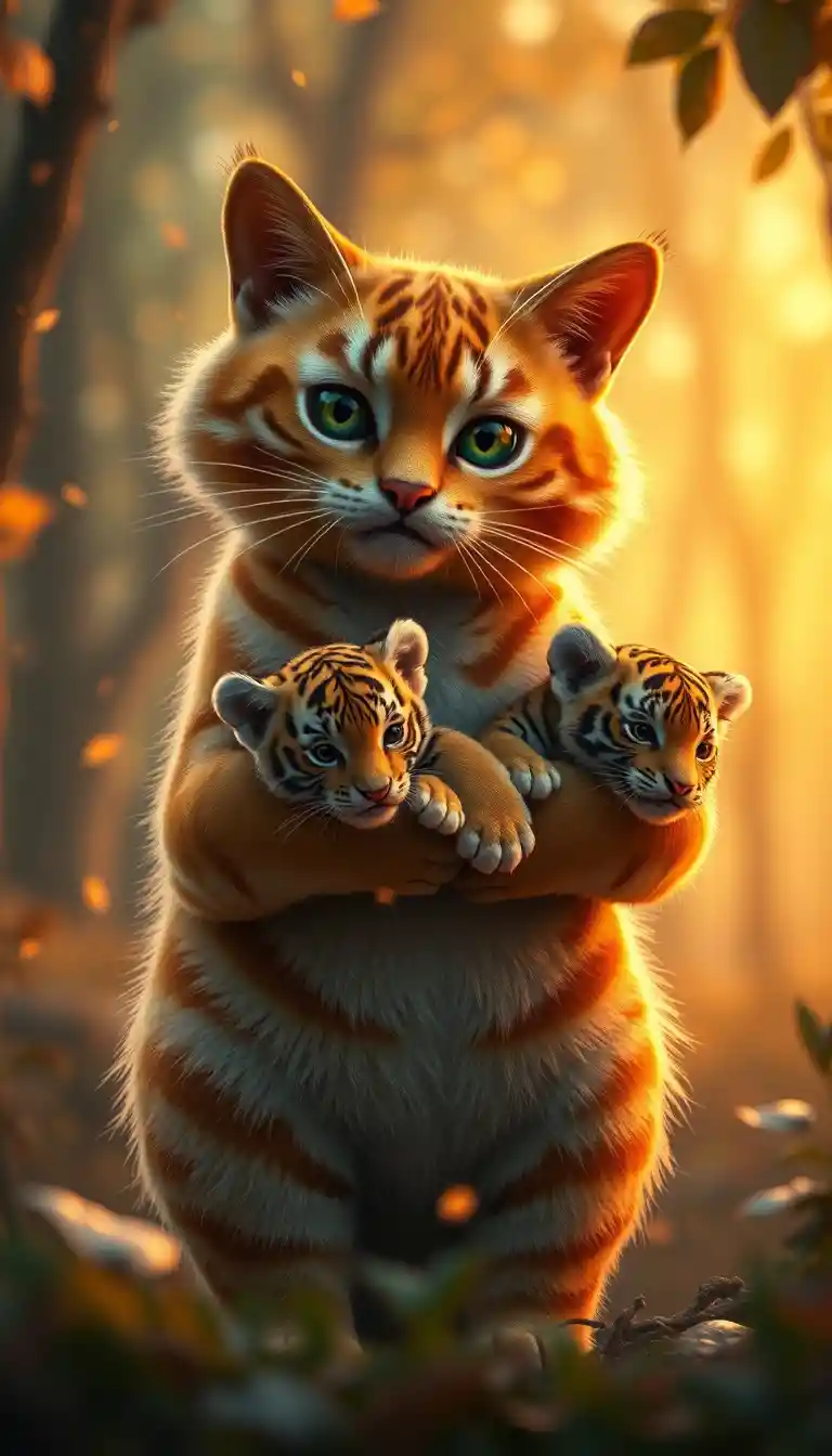 Chat orange berçant deux bébés tigres dans une forêt lumineuse