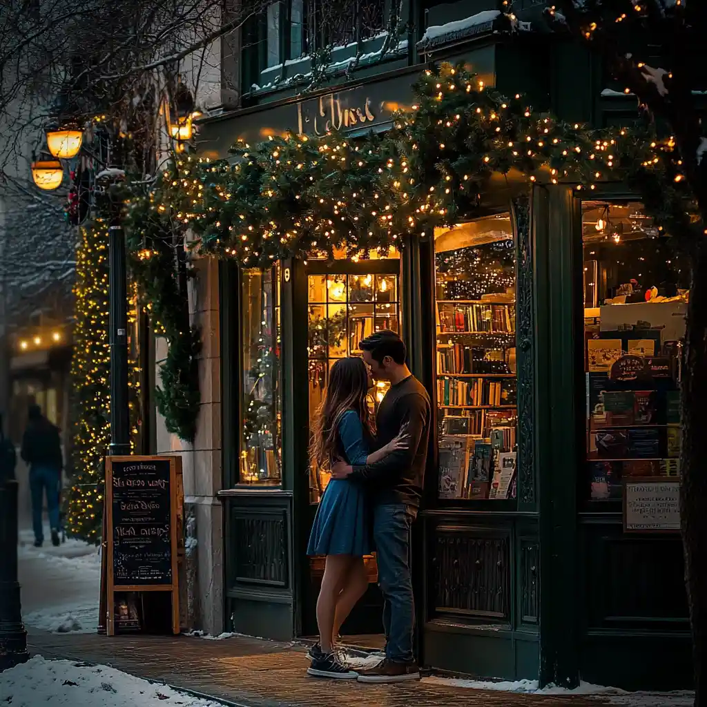 Coppia romantica fuori da una accogliente libreria-caffè a Natale