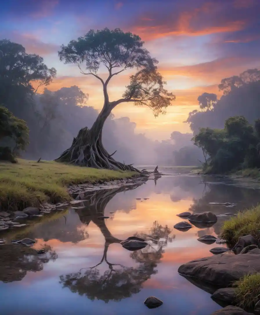 Lonely leaning tree reflected in a serene sunset river
