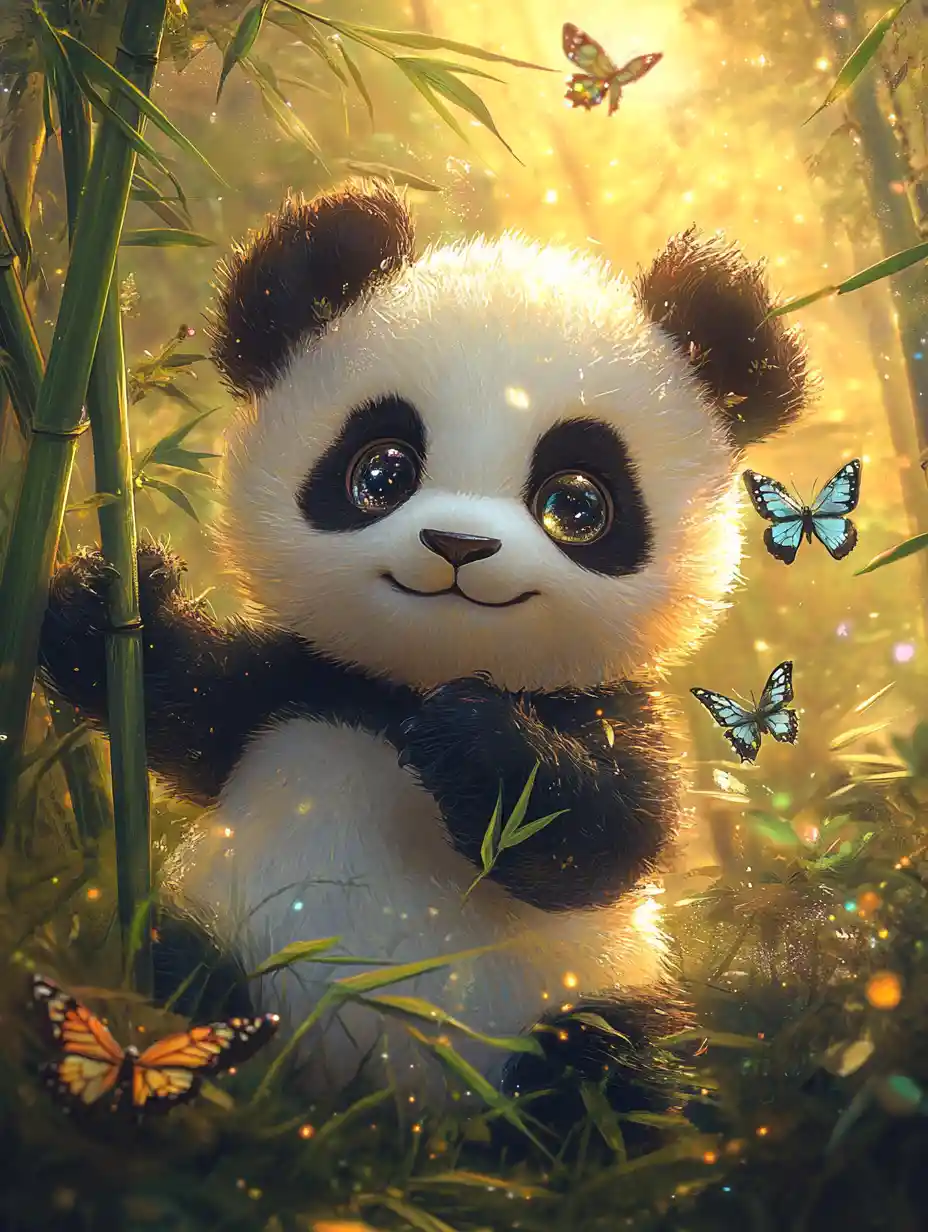 Baby panda dancing with butterflies in bamboo grove