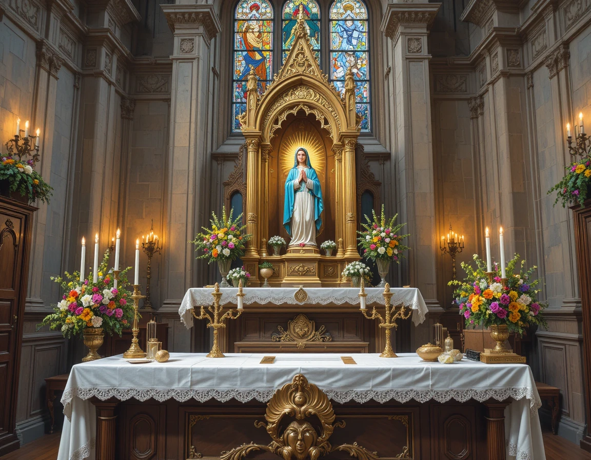Ornate Church Altar With Virgin Mary Statue And Candlelight