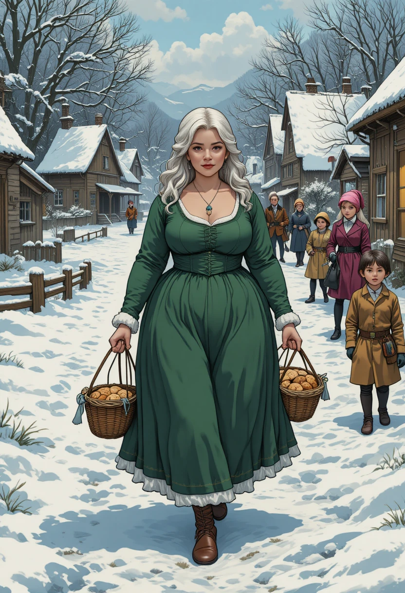 Curvy woman sharing cookies in a snowy historic village