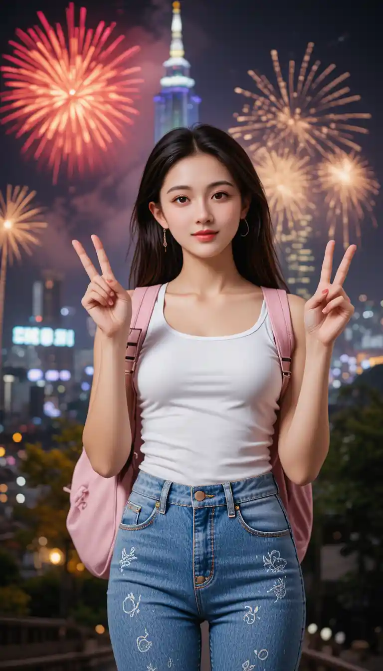 Lächelndes asiatisches Mädchen posiert mit Peace-Zeichen vor dem Taipei 101