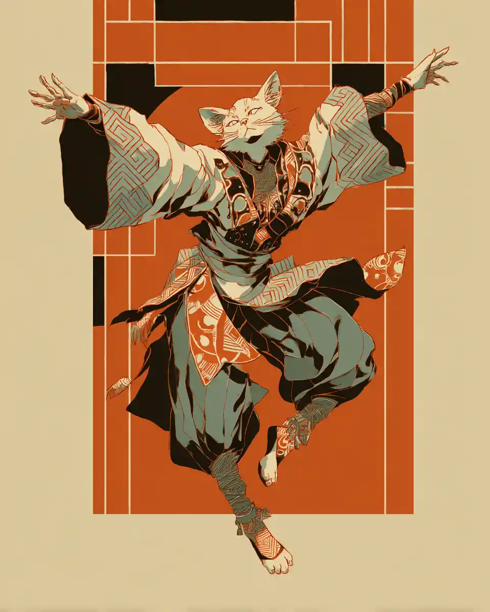 Ukiyo e cat dancer in flowing ethnic costume