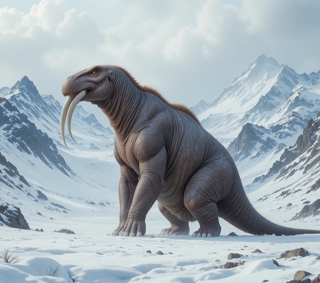 Mamut lanudo de pie en una vasta cordillera nevada