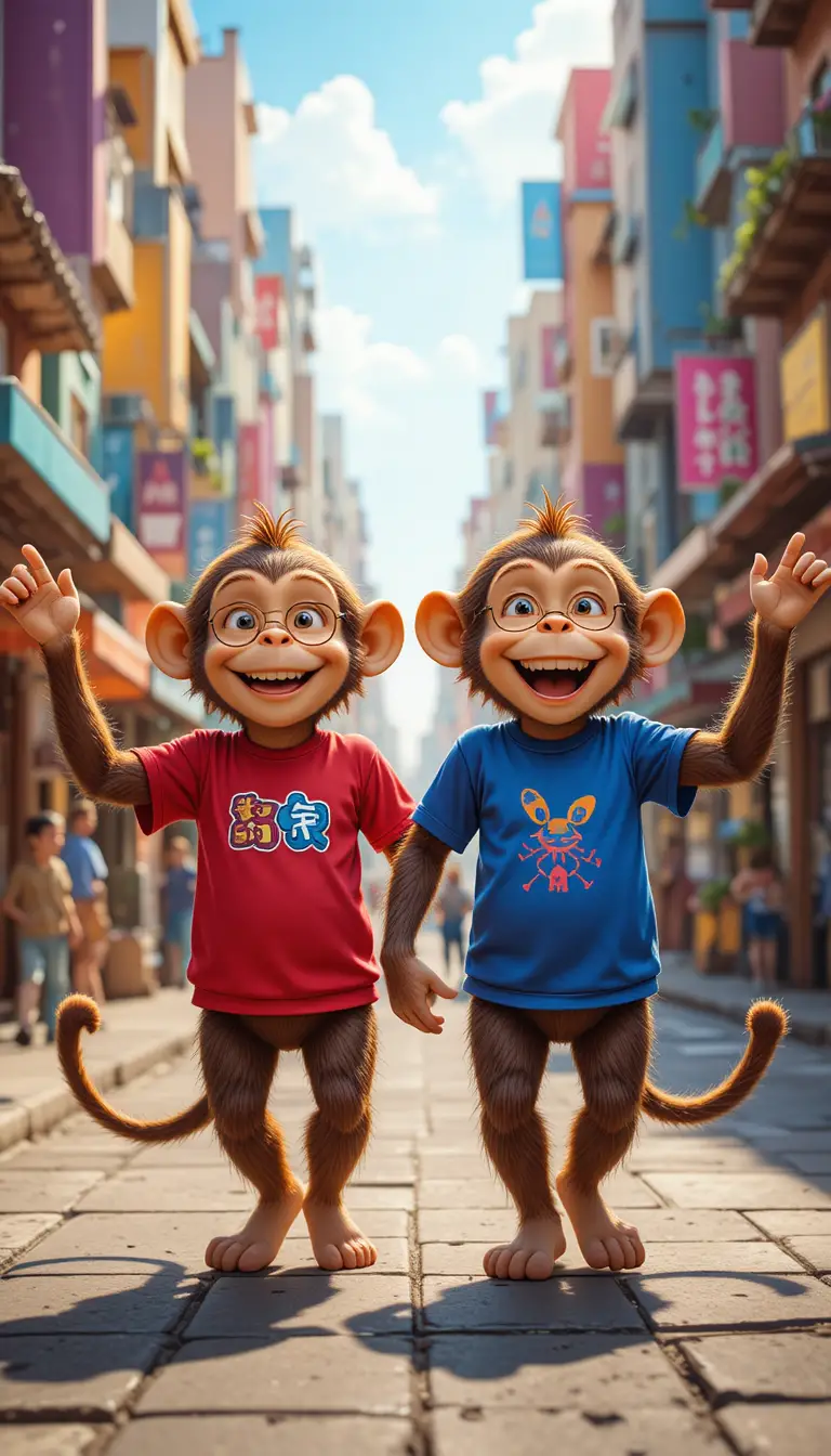 Cartoon monkeys walking together on a sunny city street