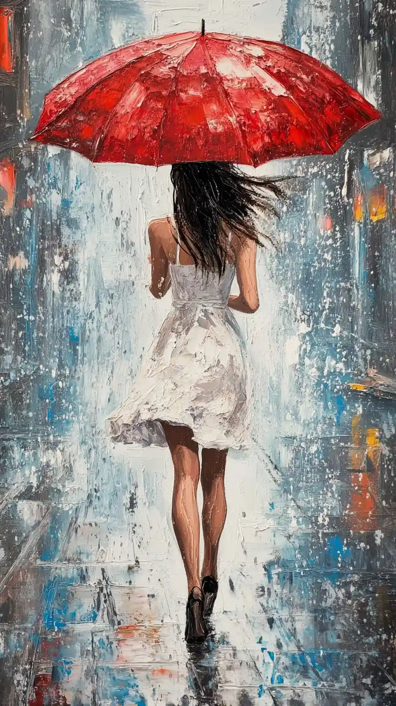 Mulher elegante com guarda‑chuva vermelho em rua urbana chuvosa
