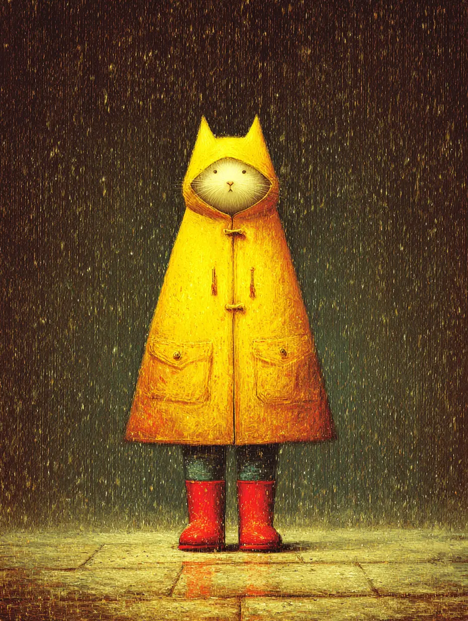Cat lady in yellow raincoat walking through heavy snowfall
