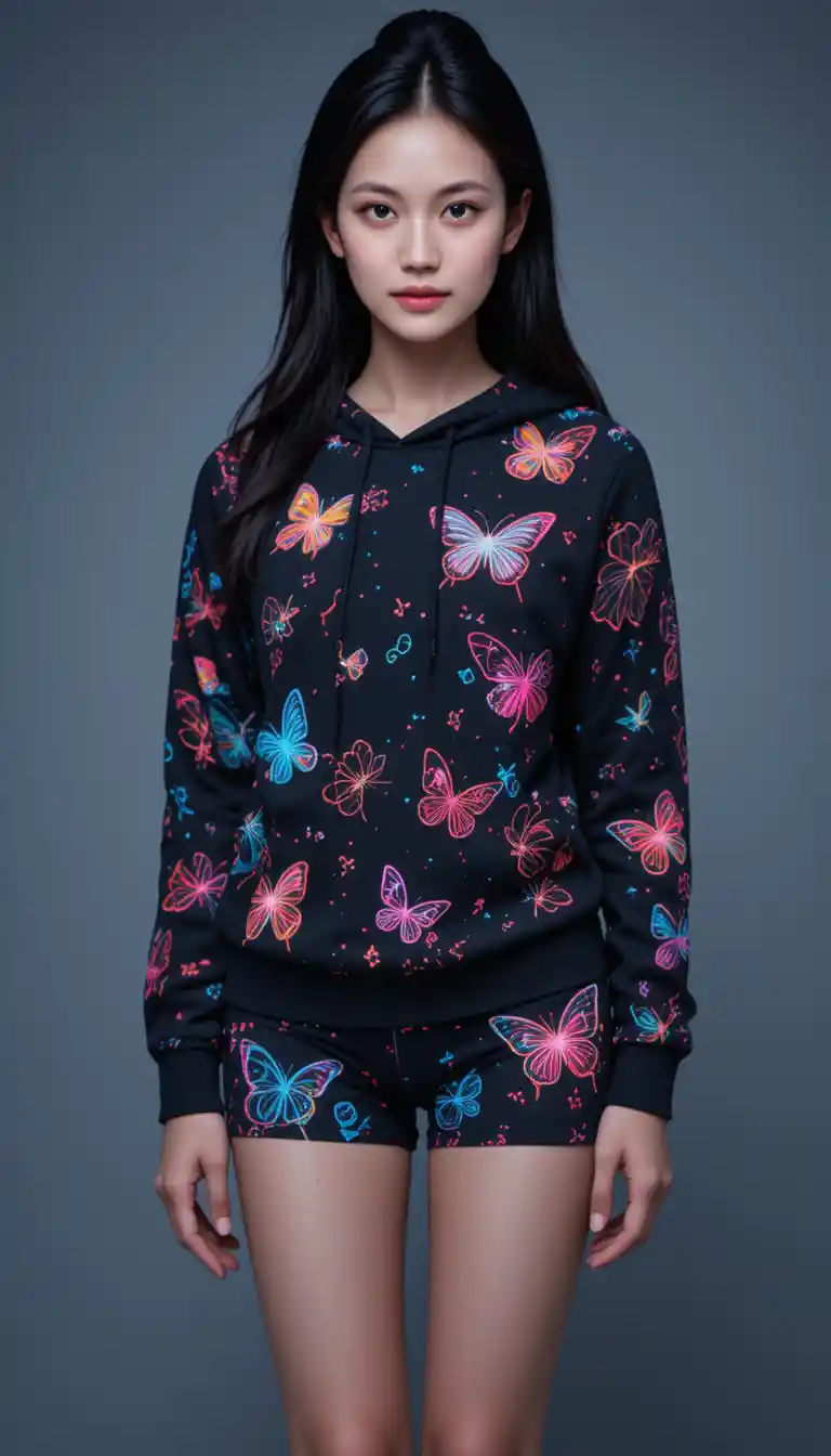 灰色攝影棚背景前的霓虹蝴蝶連帽外套女子