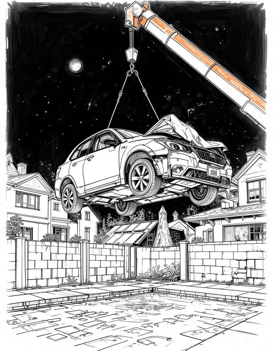 Voiture blanche endommagée soulevée par une grue lors d’un sauvetage nocturne