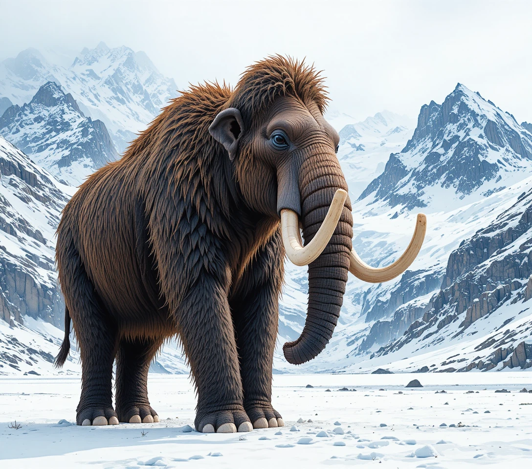 Mamut lanudo de pie sobre la nieve en un paisaje de montañas heladas