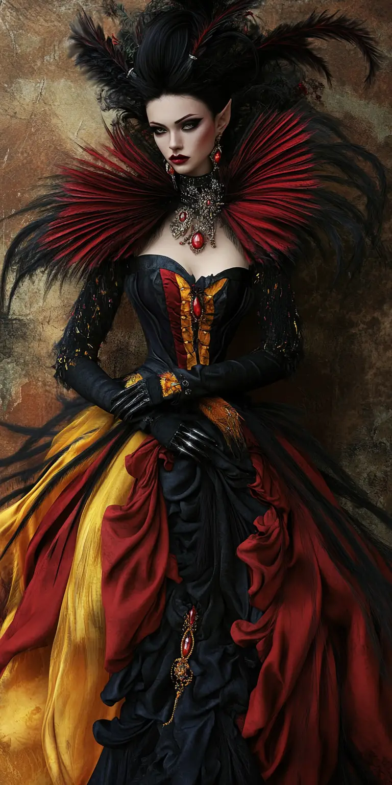 Emperatriz vampira con extravagante vestido carmesí de plumas