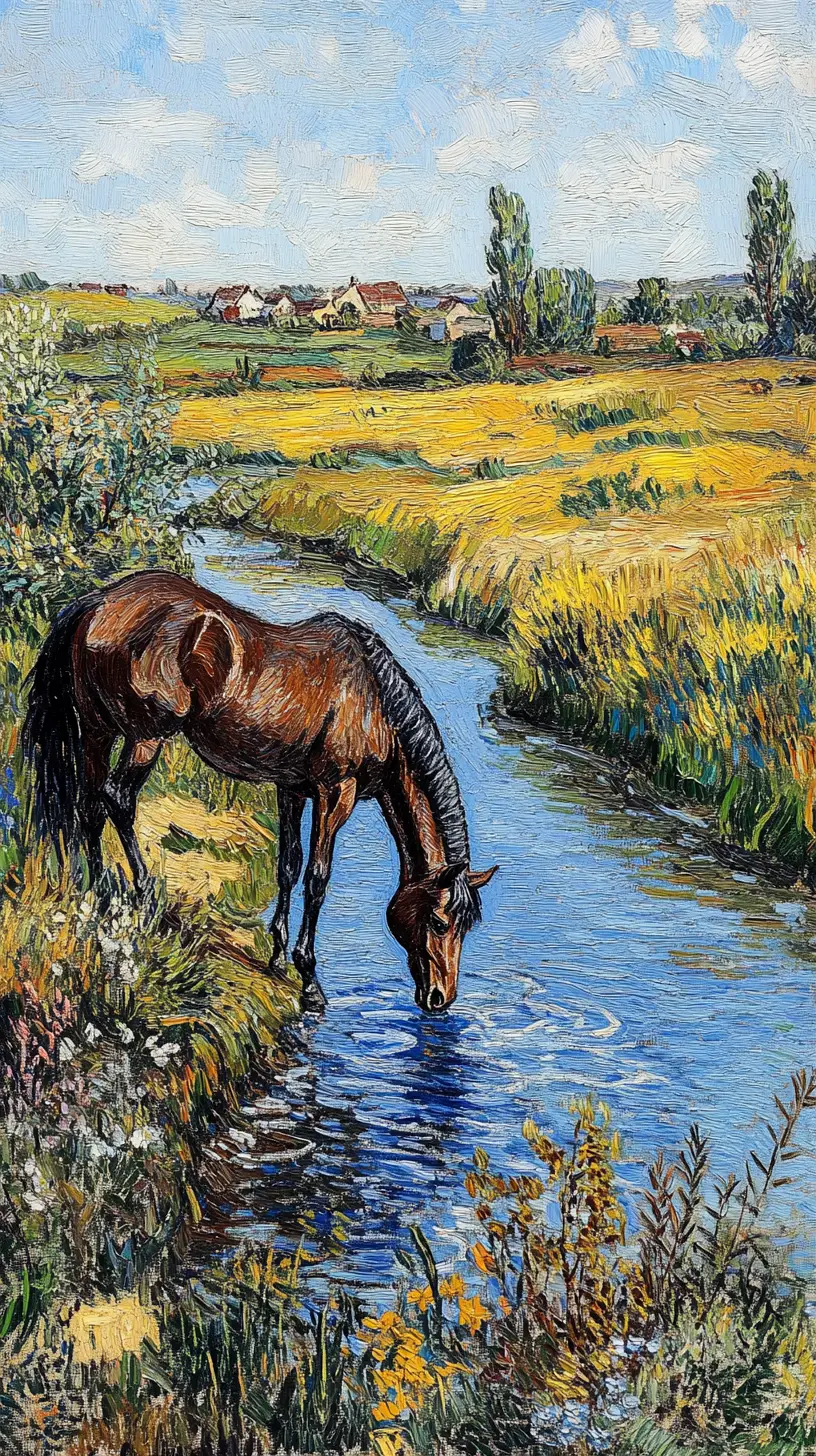 Horse drinking from a tranquil stream by a village meadow