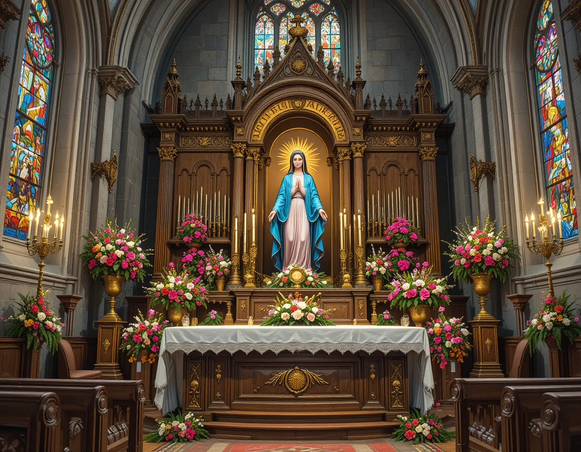 Altar de iglesia ornamentado con la Virgen María en relicario dorado