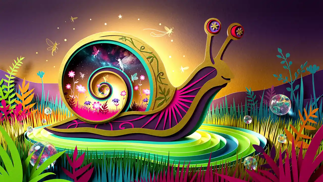 Ethereal gilded snail crossing a luminous fantasy meadow