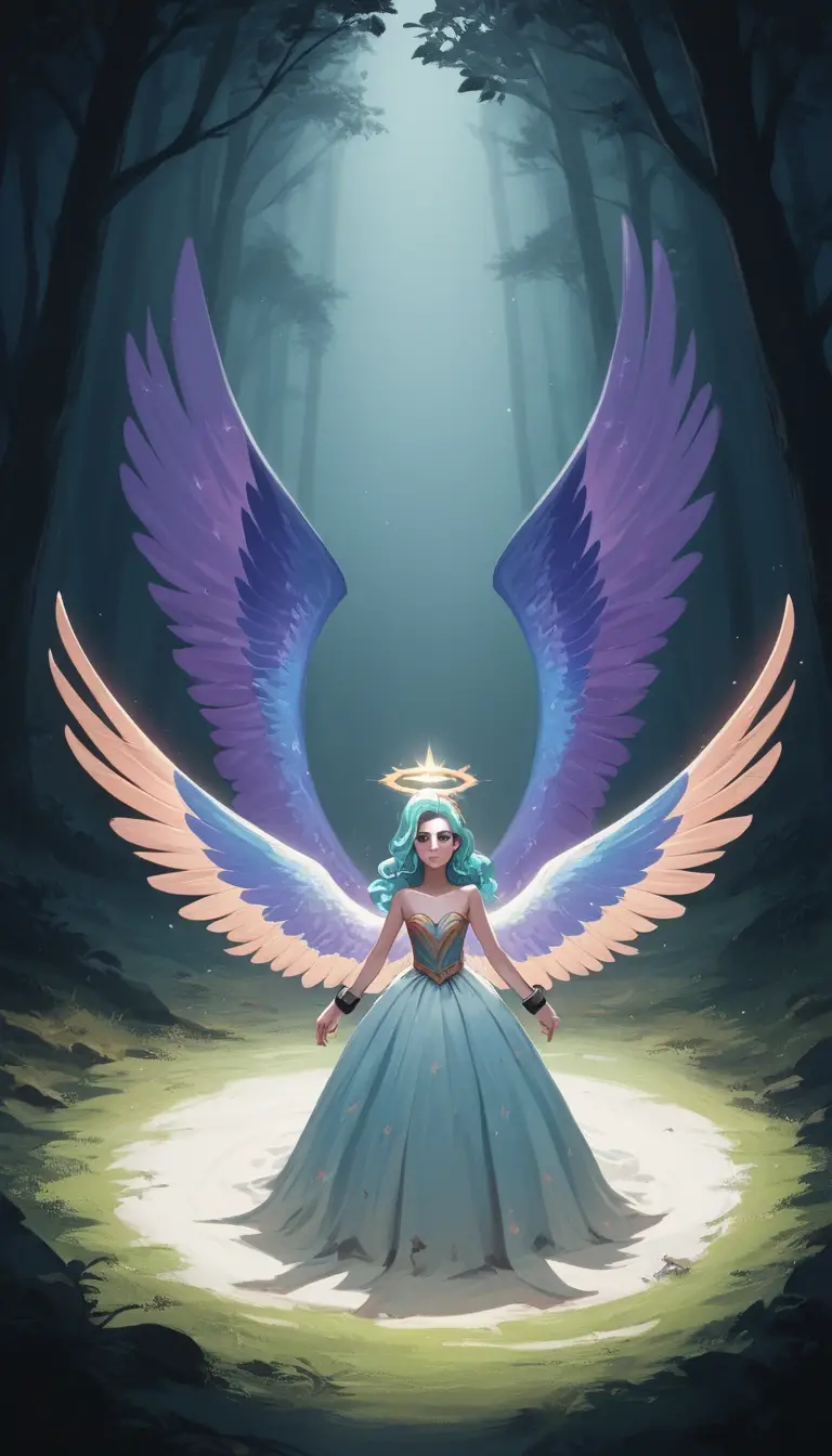 Winged celestial woman breaking shackles in moonlit forest