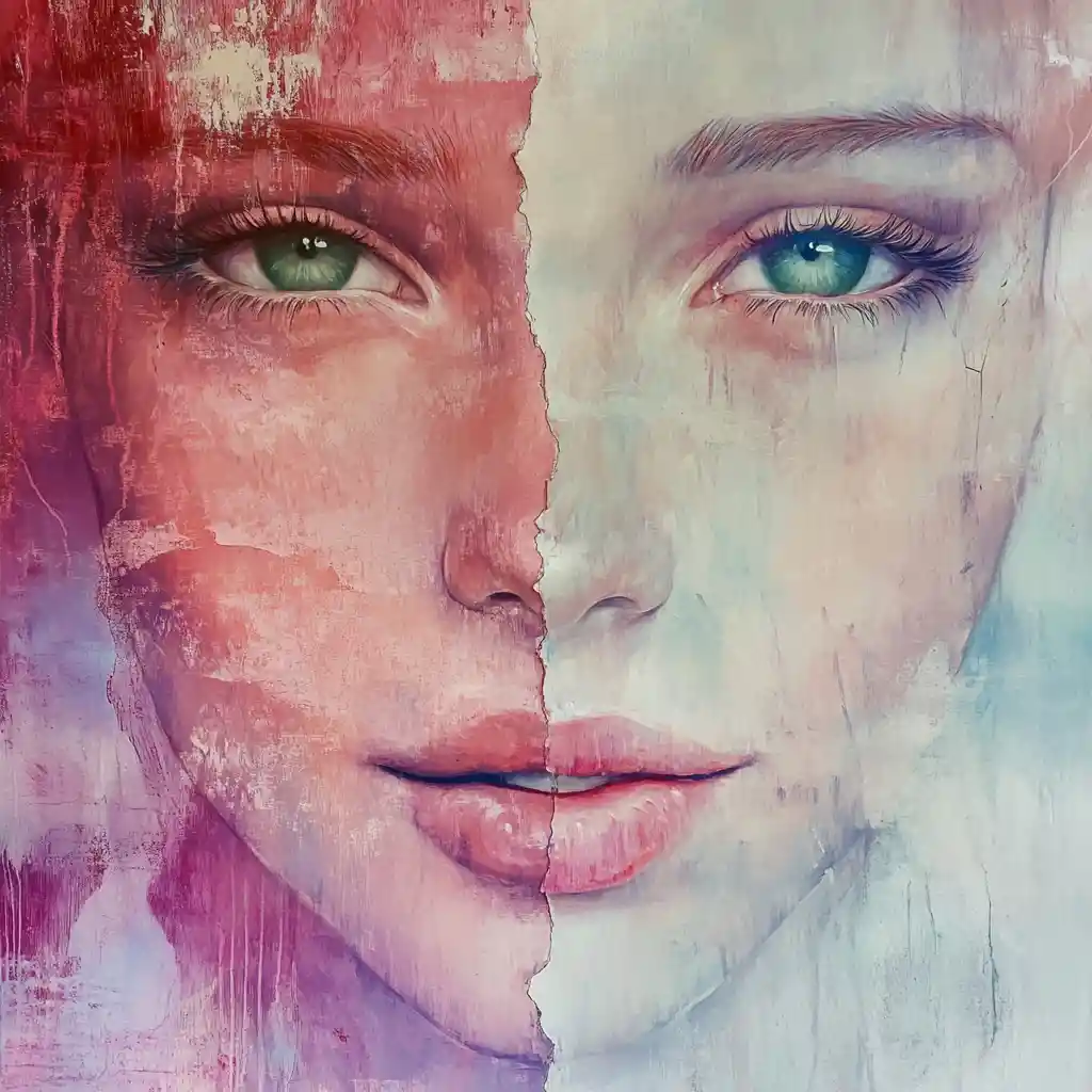 Visage féminin éthéré divisé par de douces nuances de rouge et de blanc