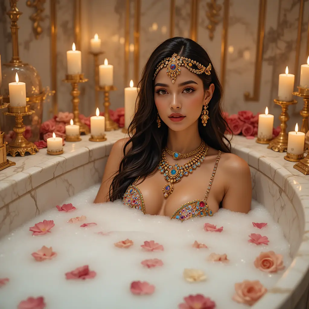 Elegant woman in marble bathtub with candles and jewels