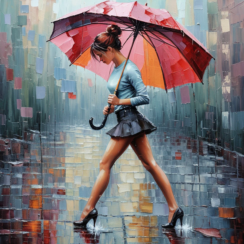 Femme élégante avec parapluie rouge dans une rue de ville sous la pluie