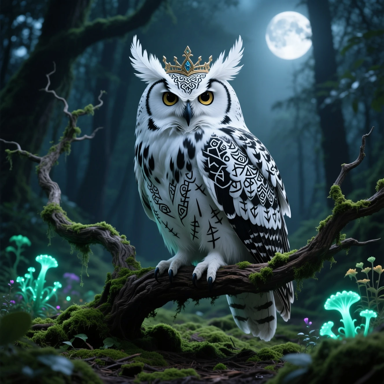 Majestic white owl on mossy branch in moonlit forest