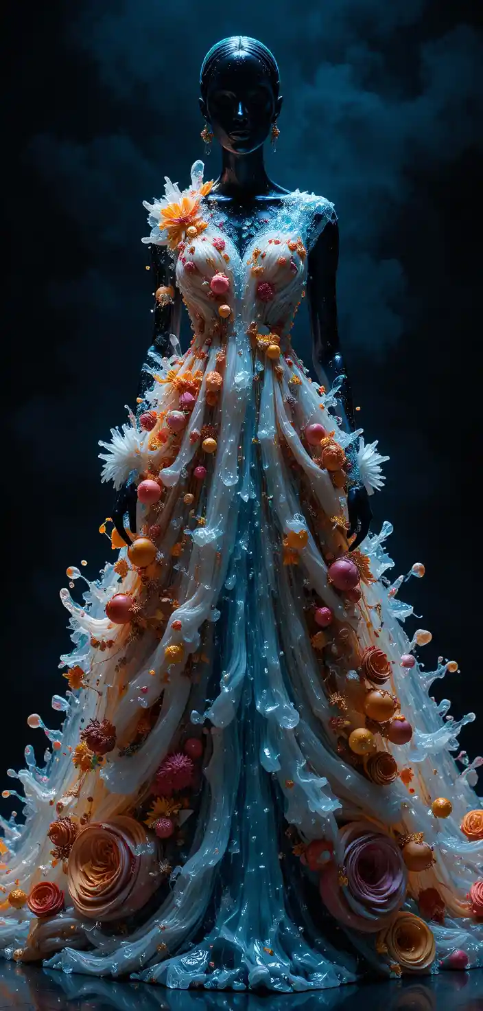 Couturekleid aus Wasser und abgekühlten Lavastrukturen gewebt