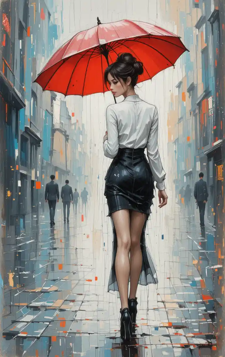 Elegant woman with red umbrella on rainy city street