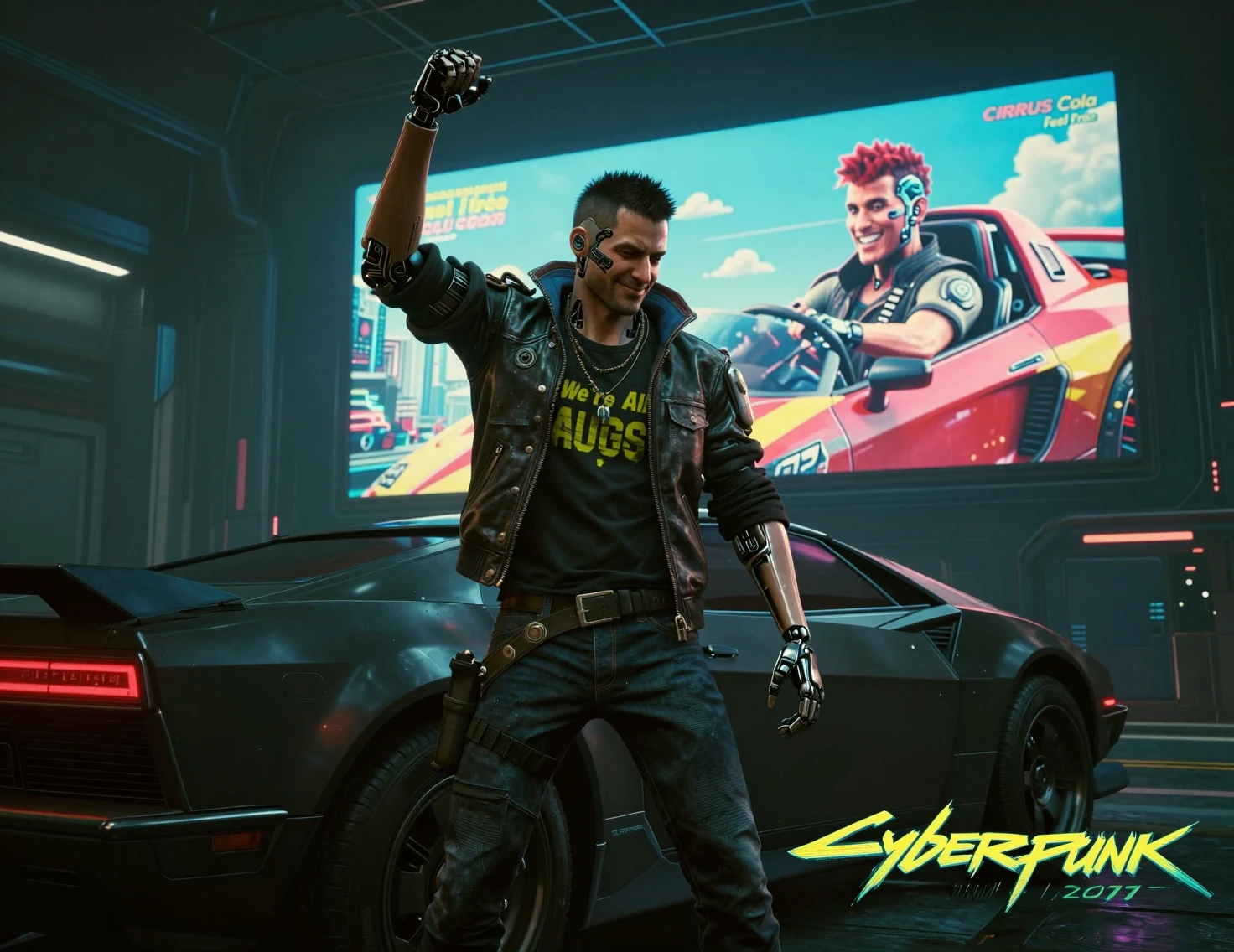 Augmented cyberpunk man posing by futuristic car