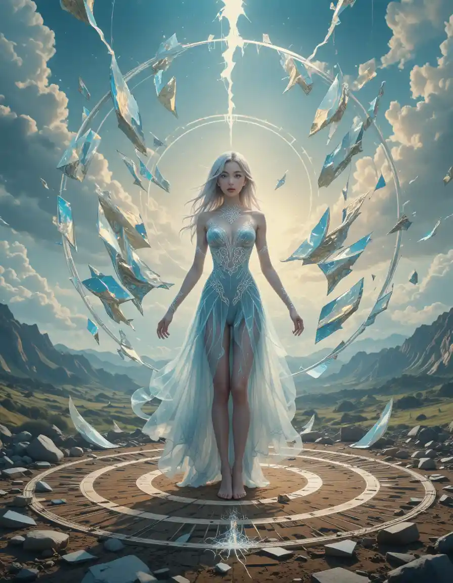 Silver haired girl crystallizing within a vast magic circle
