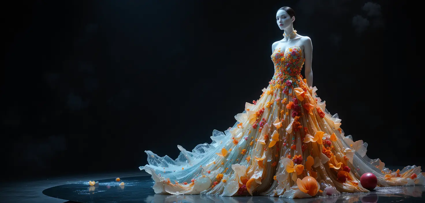 Couture dress of water and lava with exotic fruits