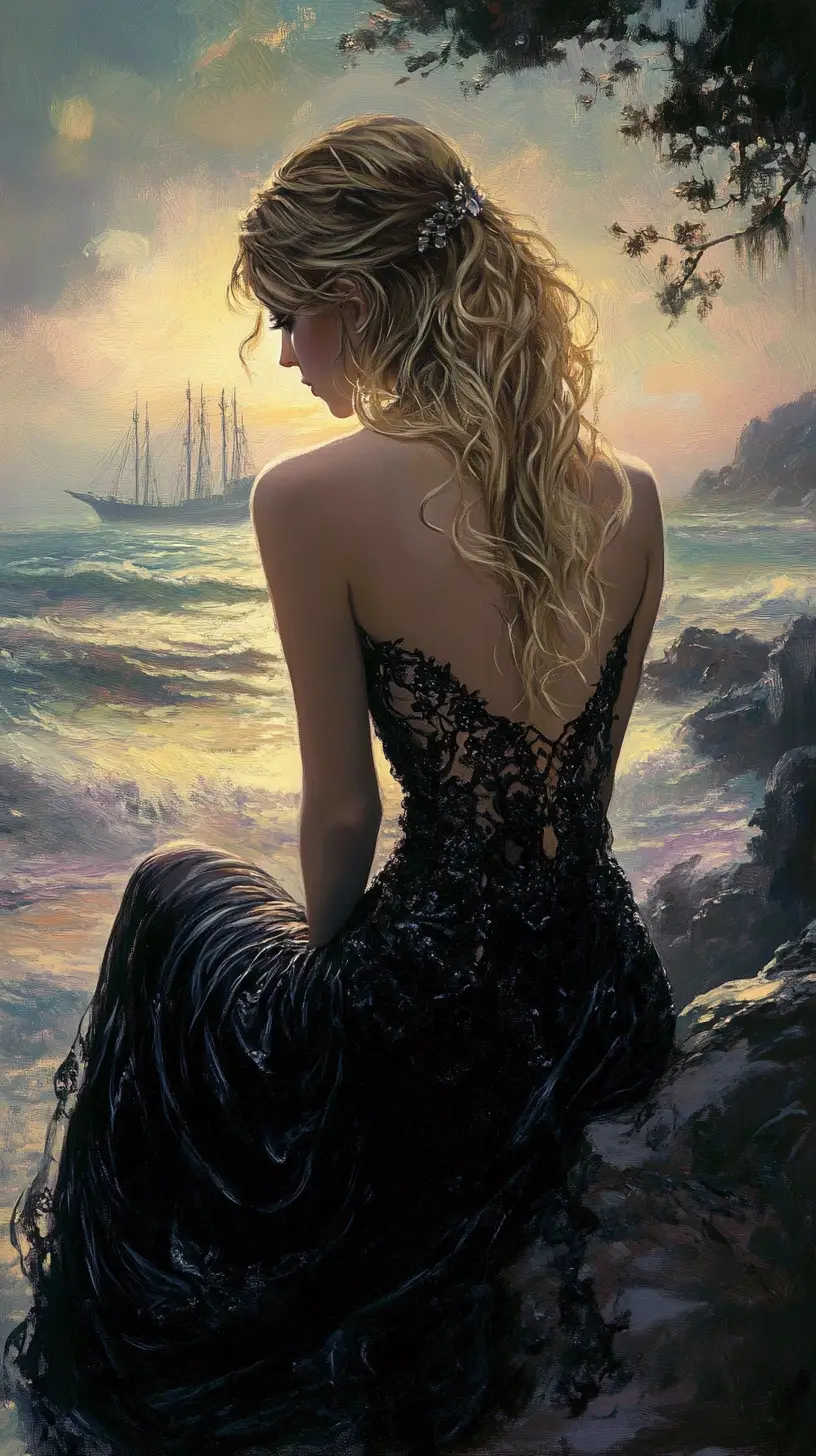 Young woman in black lace dress by the sea at sunset