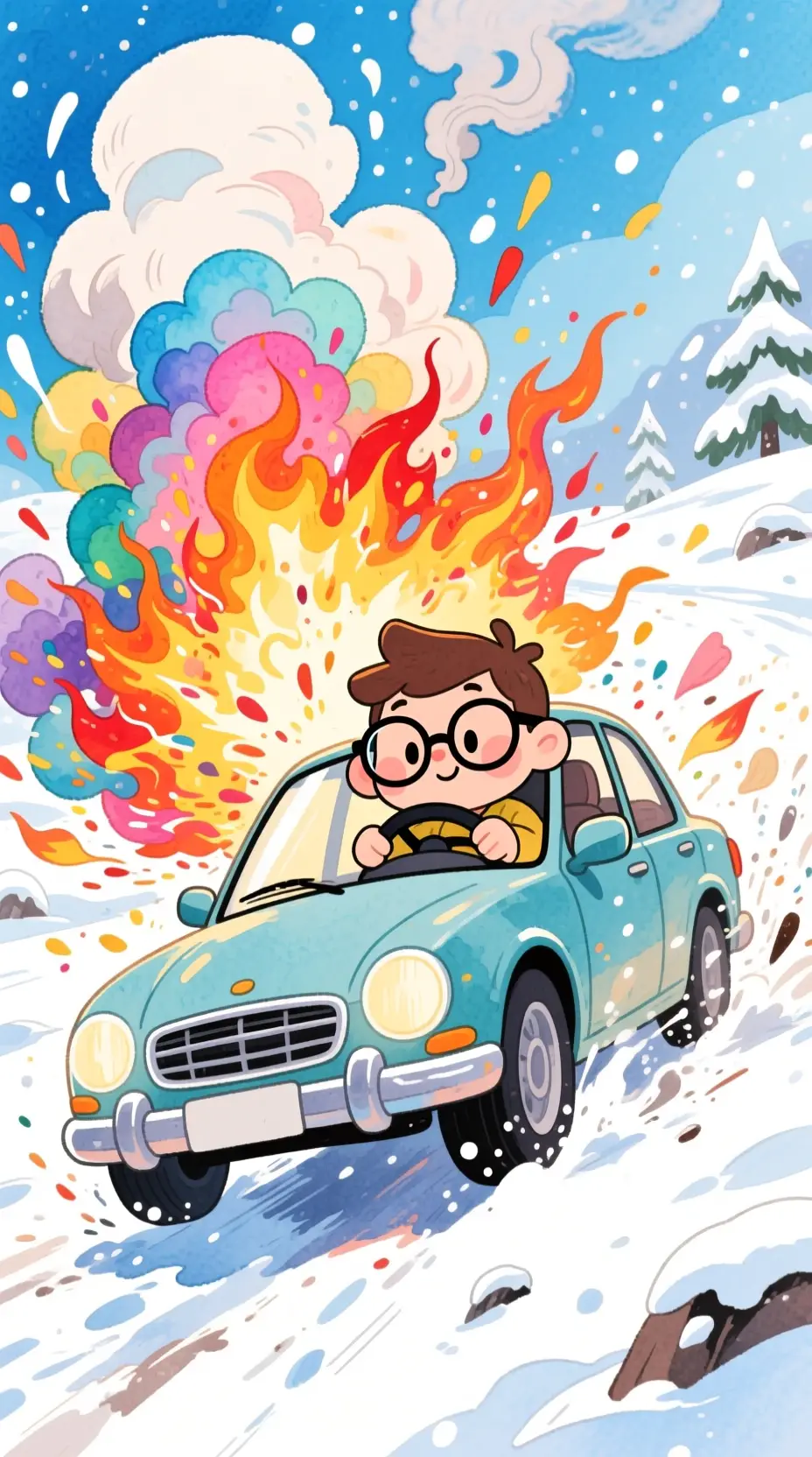 Whimsical watercolor car racing through snowy explosive landscape
