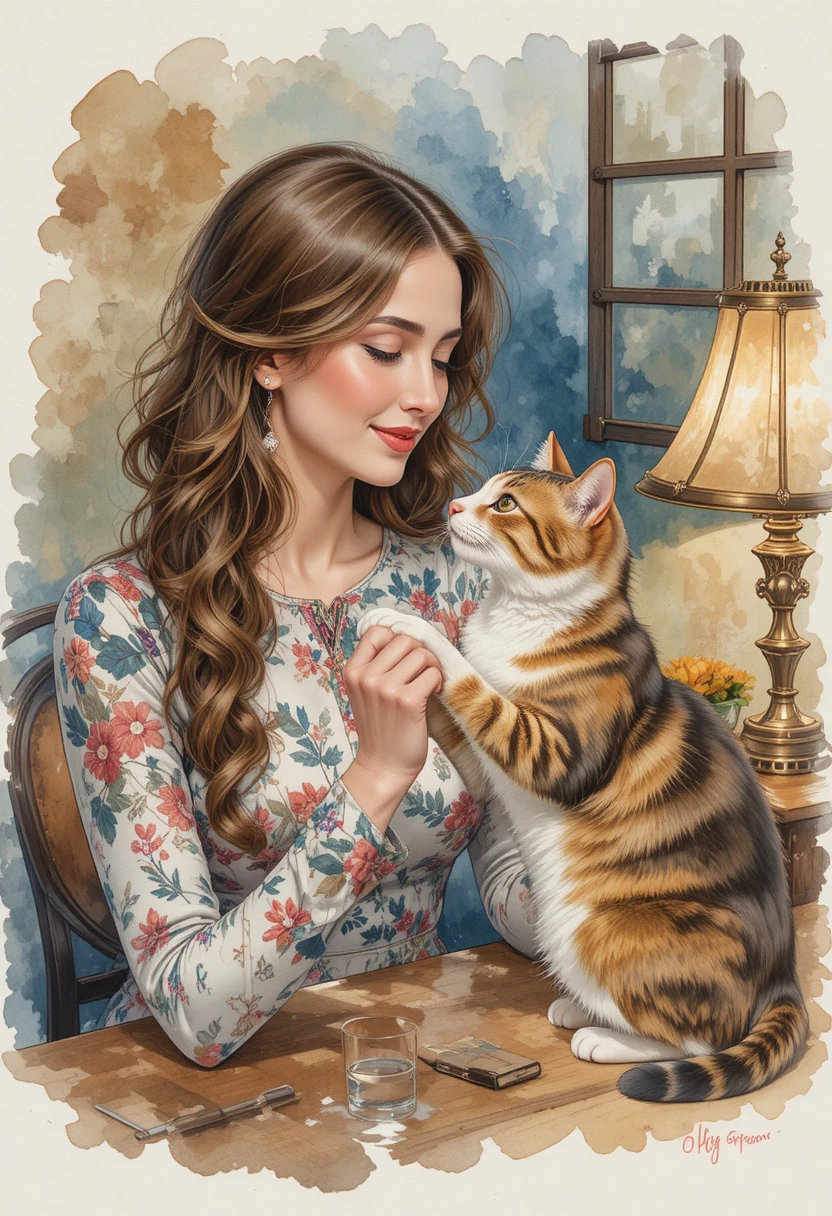 Smiling woman with cat at cozy table in watercolor