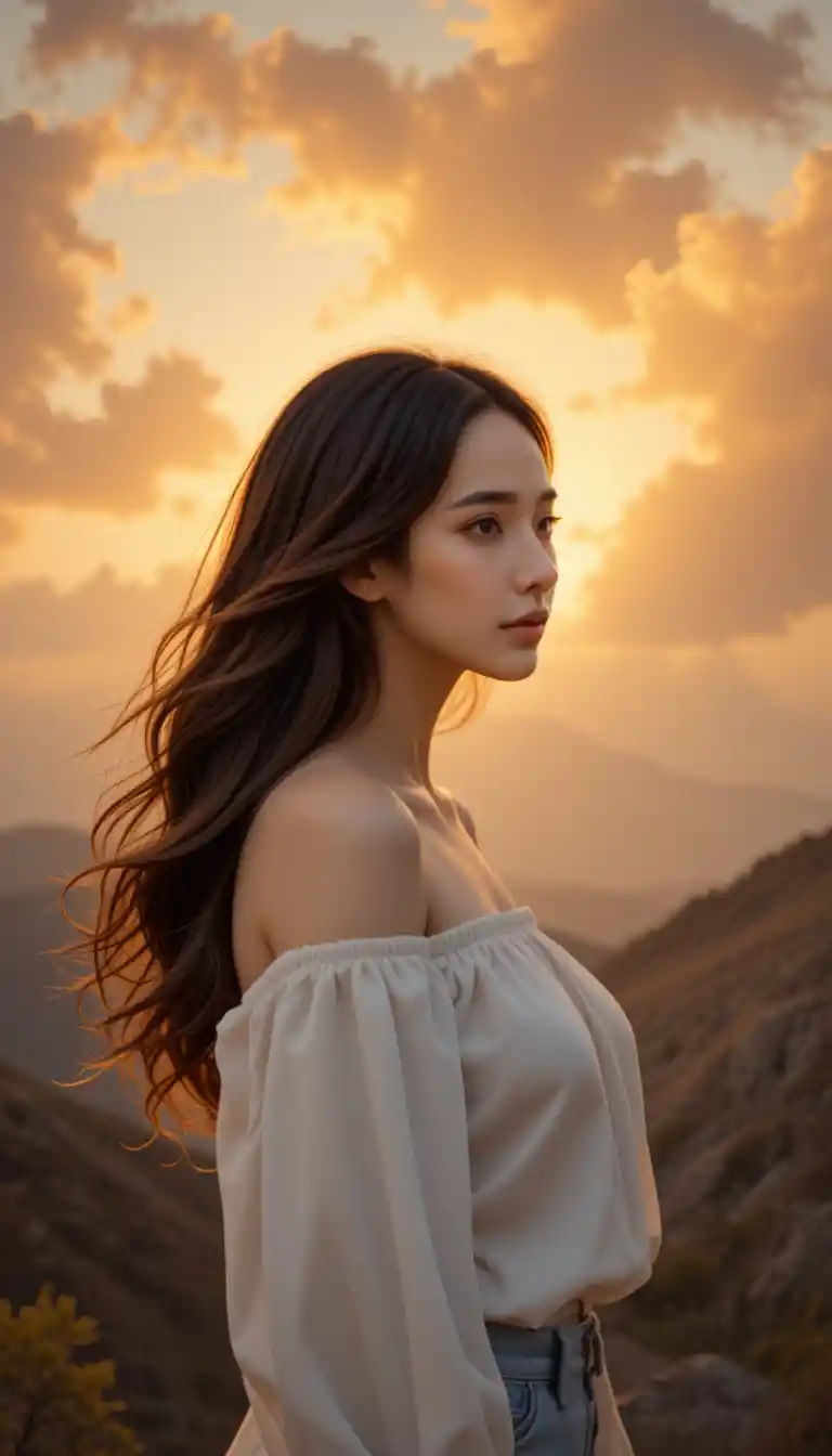 Mulher de perfil diante de nuvens douradas e brilhantes ao pôr do sol
