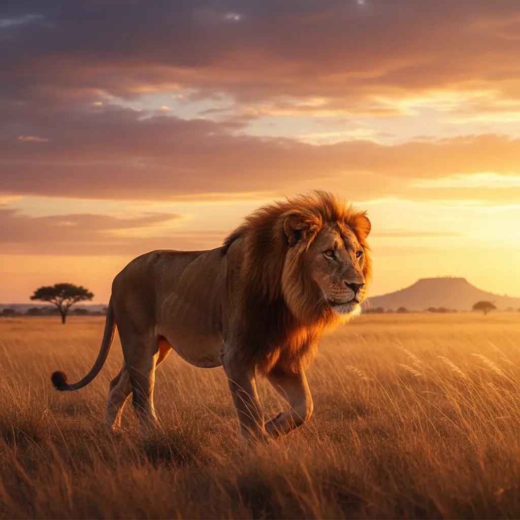 Majestic Lion Walking In Warm Sunset Savannah Light
