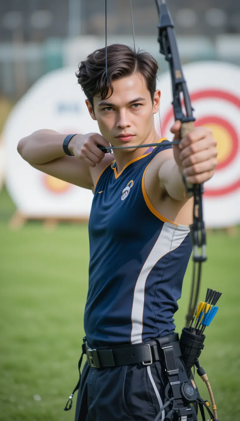 Focused young archer aiming a recurve bow outdoors