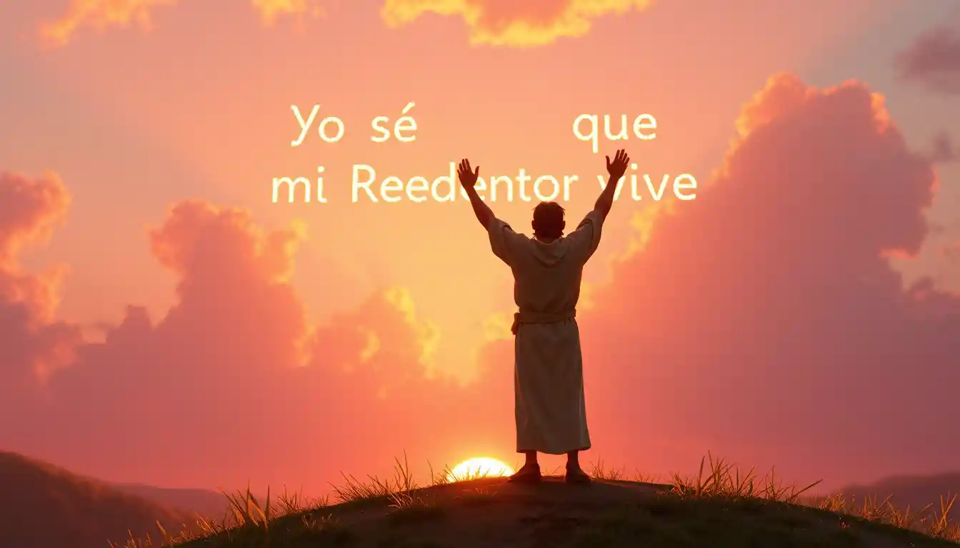 Man on sunrise hill raising arms toward glowing words