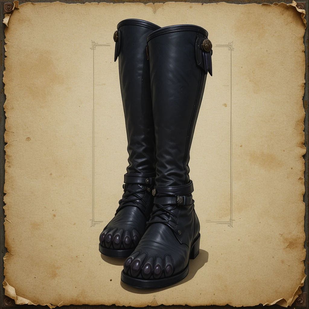 Botas furtivas de fantasia inspiradas em gato sobre fundo de pergaminho