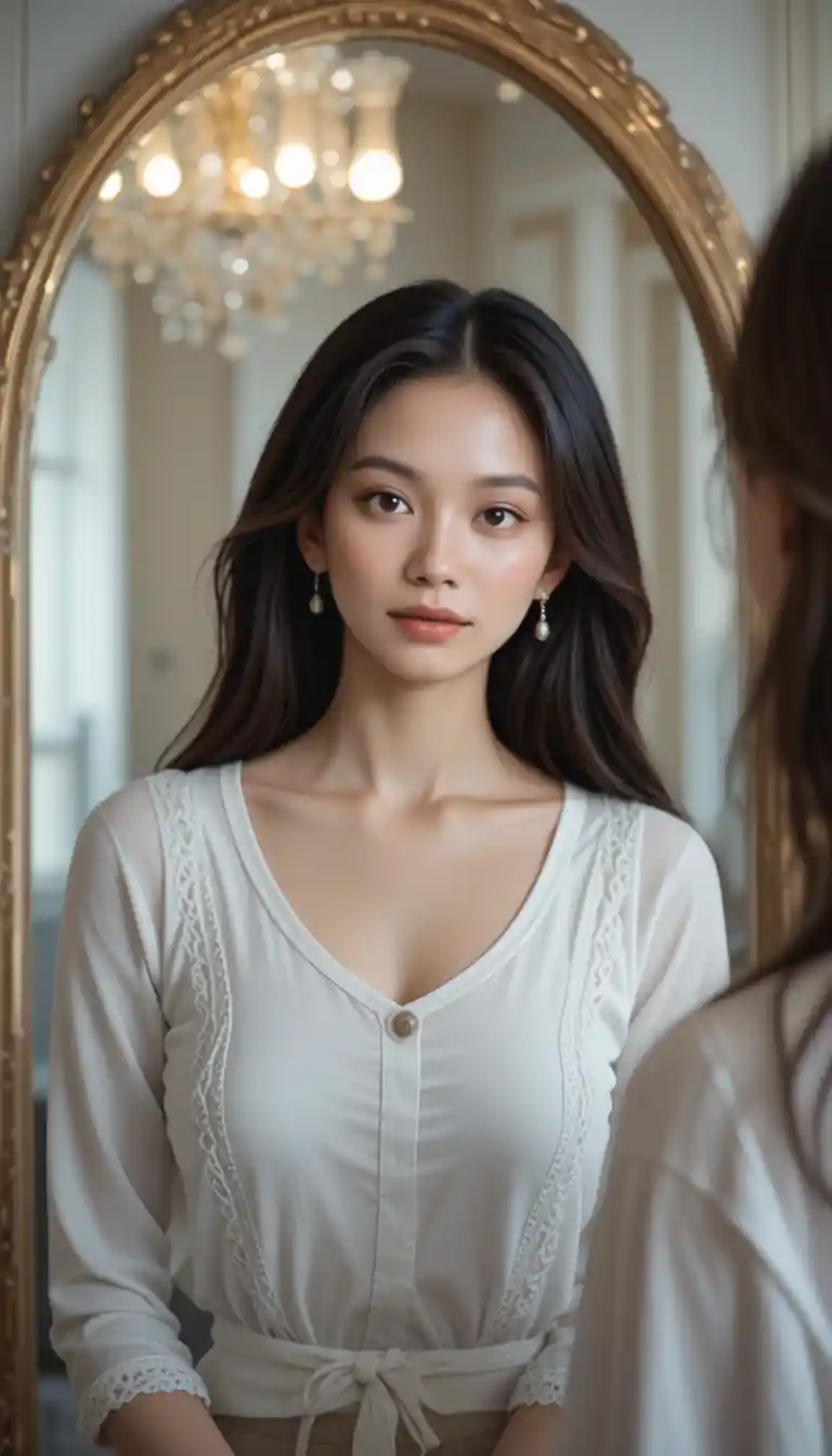 Young woman in white top looking at her mirror reflection