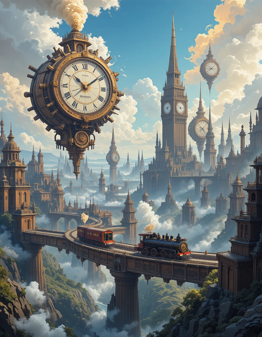 Steampunk Locomotives Circling Through A Sky Of Giant Gears