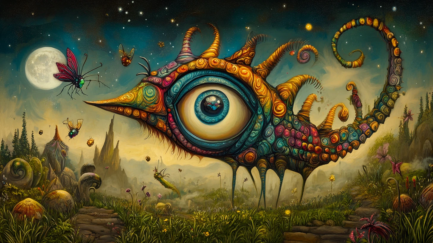 Surrealer kosmischer Elf in einer nebligen mondbeschienenen Fantasielandschaft
