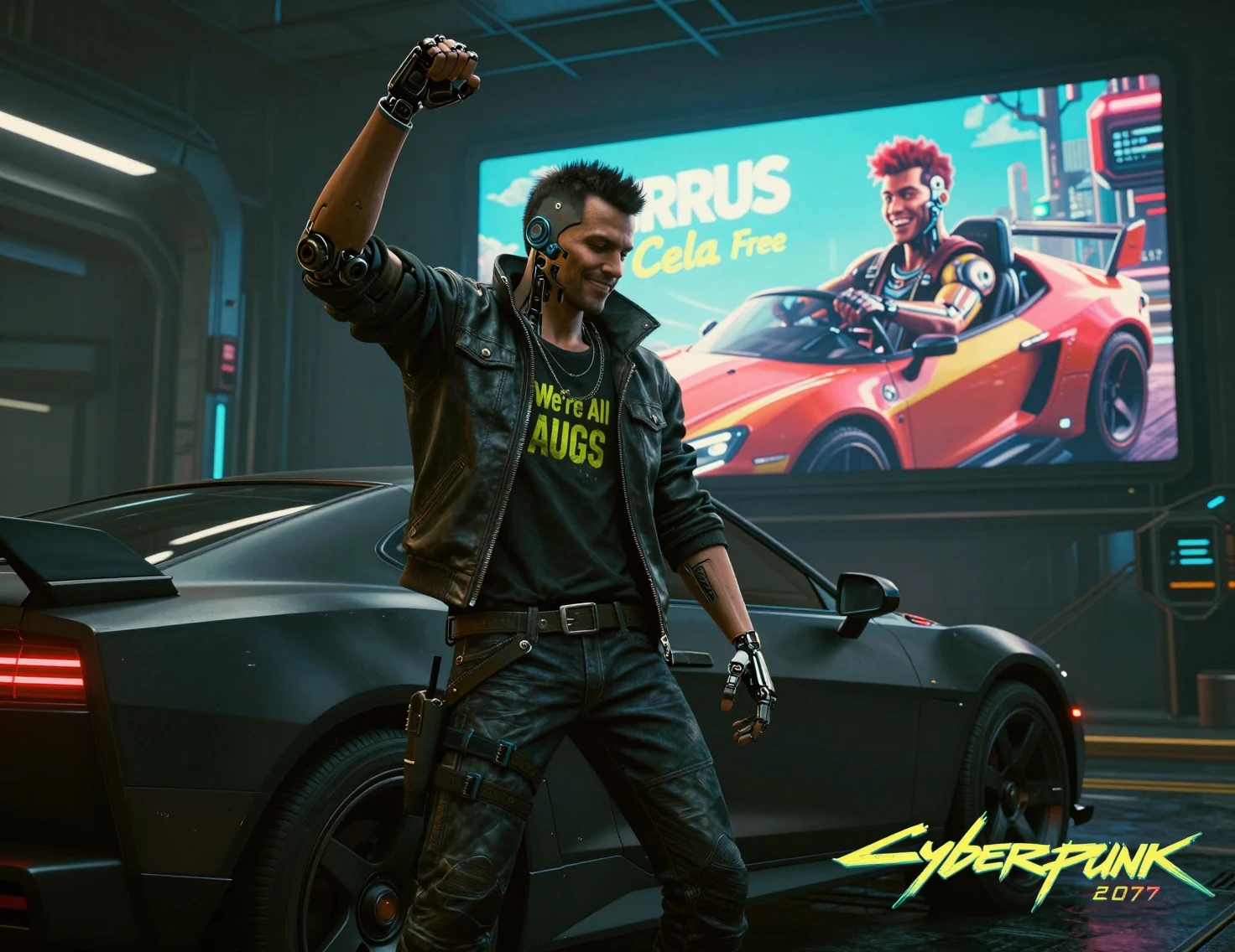 Uomo aumentato che posa accanto a un'auto futuristica in città al neon