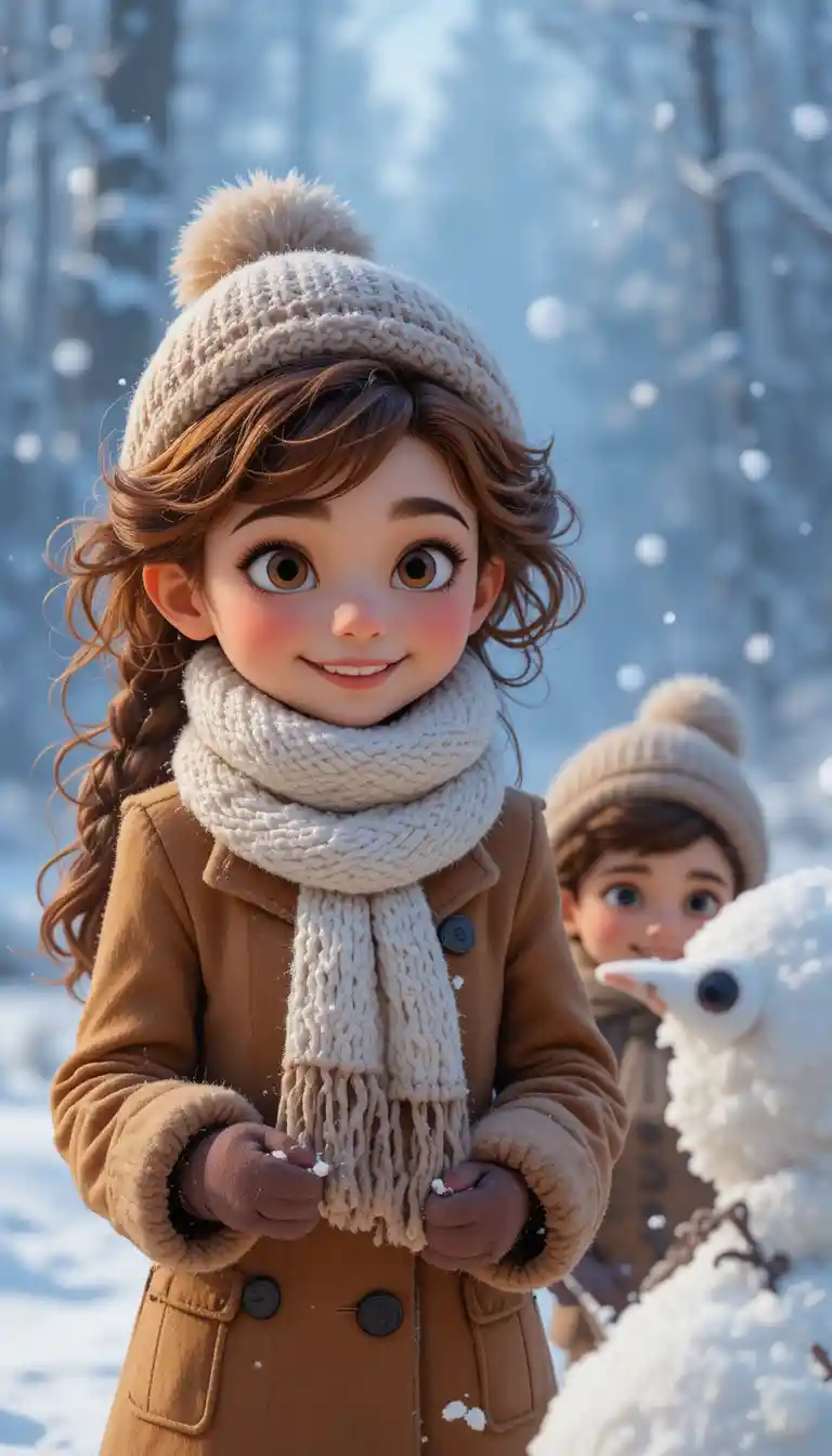 やさしい冬の雪の中で雪だるまを作る子どもたち