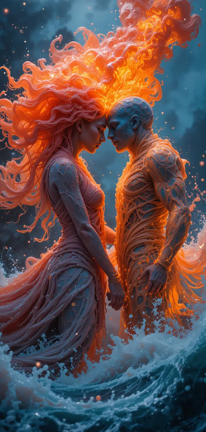 Surreal duel of lava armoured woman and ocean cloaked man
